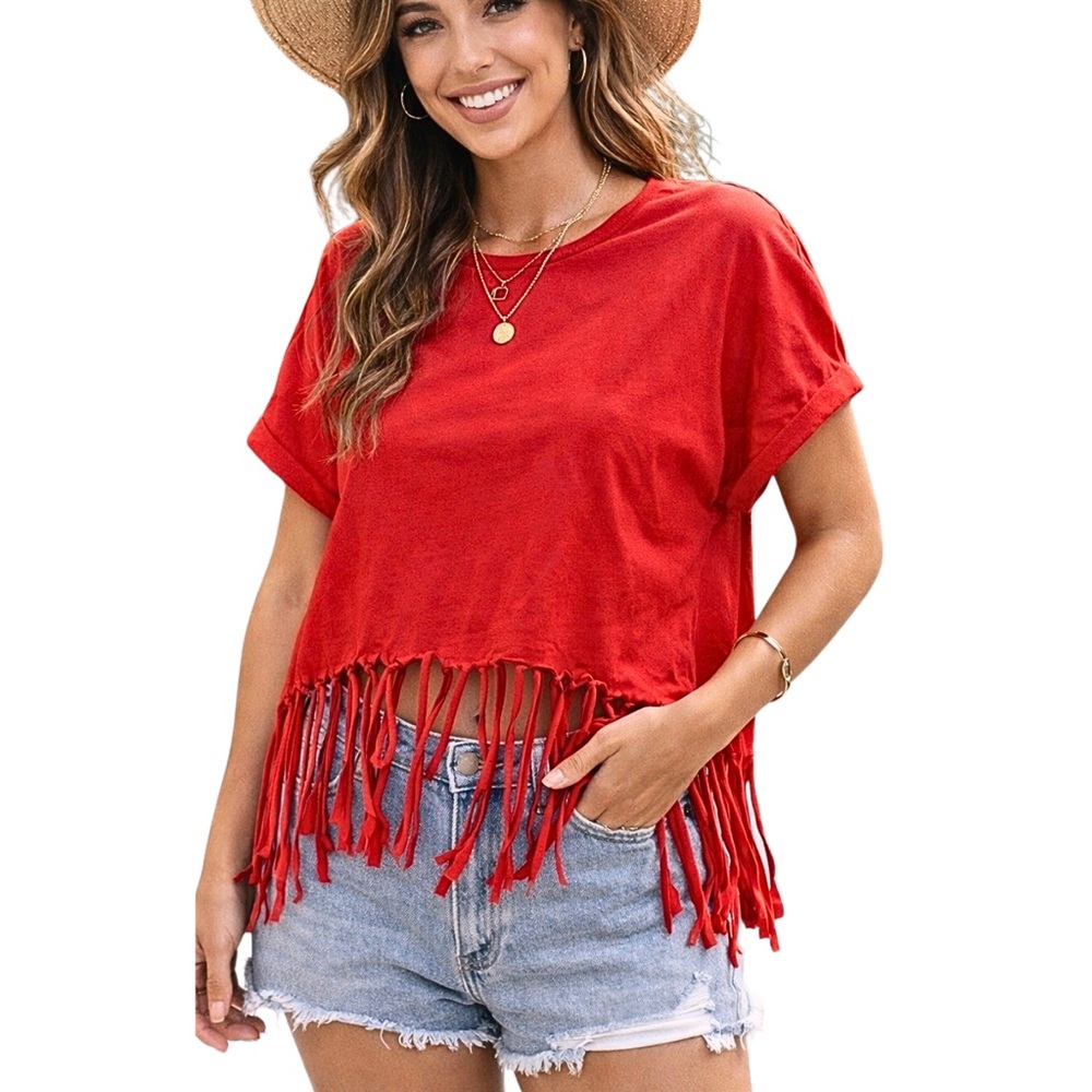 Handcrafted Upcycled Red Short Sleeves Fringed Baby Tee Shirt Women’s SZ Medium